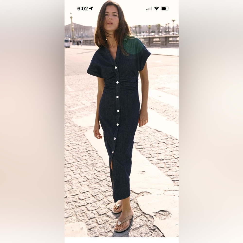 Zara Denim Midi Dress, Elegant Black Button-Down Dress